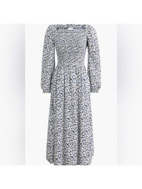 J. Crew Navy and White Floral Long-Sleeve Midi Dress with Smocked Bodice